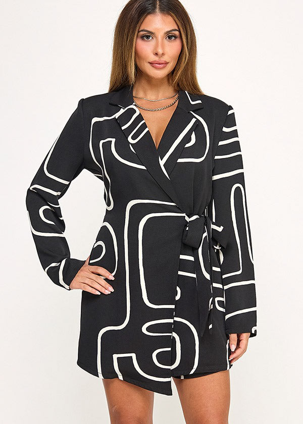 PRINTED WAIST TIE LSLV ROMPER