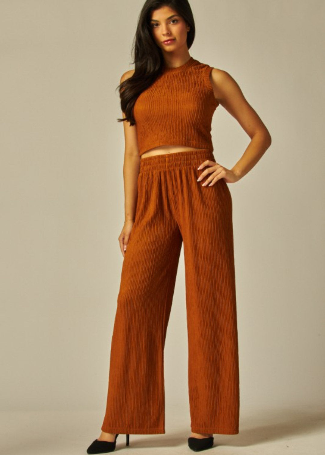 Elastic waistband pull on wide leg pants | Color Cognac