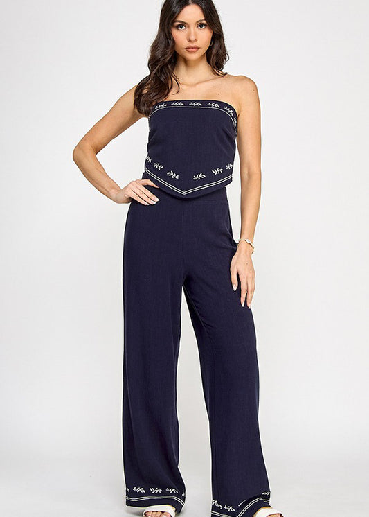 EMBROIDERY HANDKERCHIEF HEM TUBE TOP W/PANTS SET | BLUE