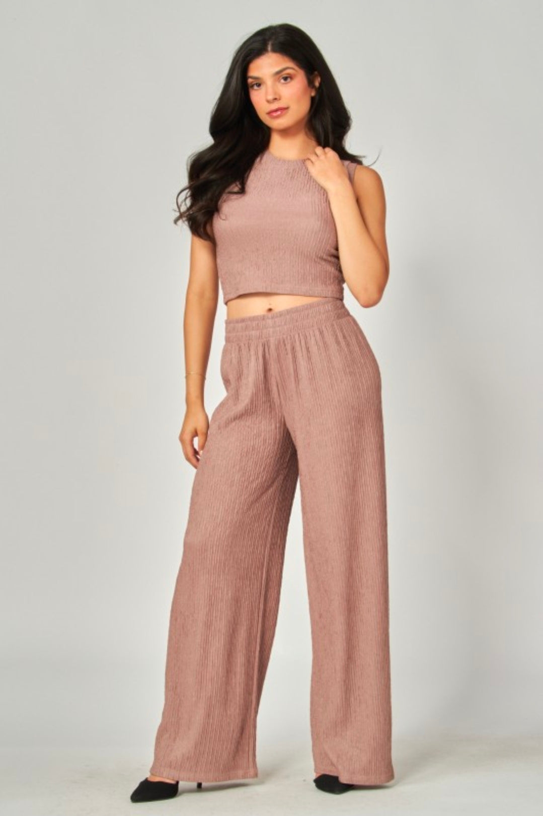 Color Mushroom|Elastic waistband pull on wide leg pants