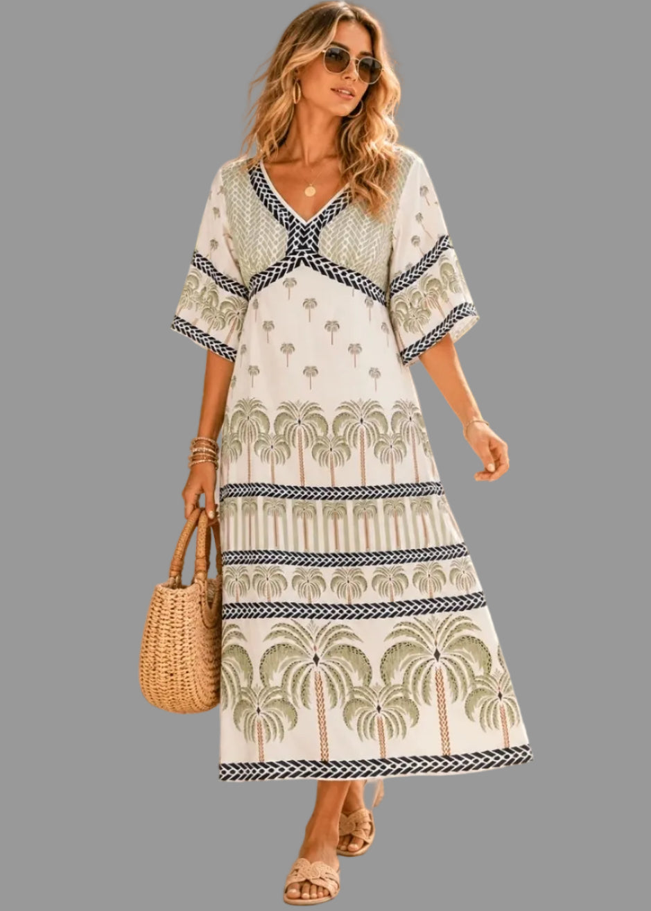 WOMEN'S SHORTSLEEVE V-NECKELASTIC WAISTMULTI PRINT MIDIDRESS
