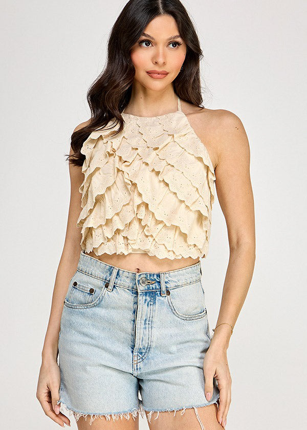 RUFFLED HALTER TOP | Crema