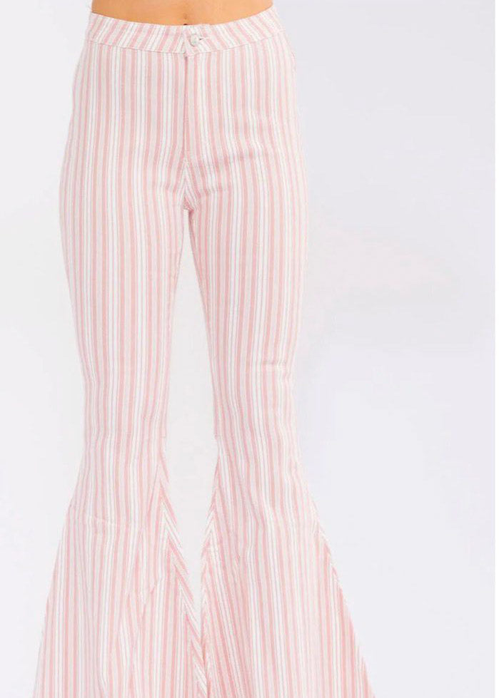 WOMEN'S BUTTON CLOSURE
POCKETS BELL LEG
STRETCH DENIM STRIPES
PANTS
