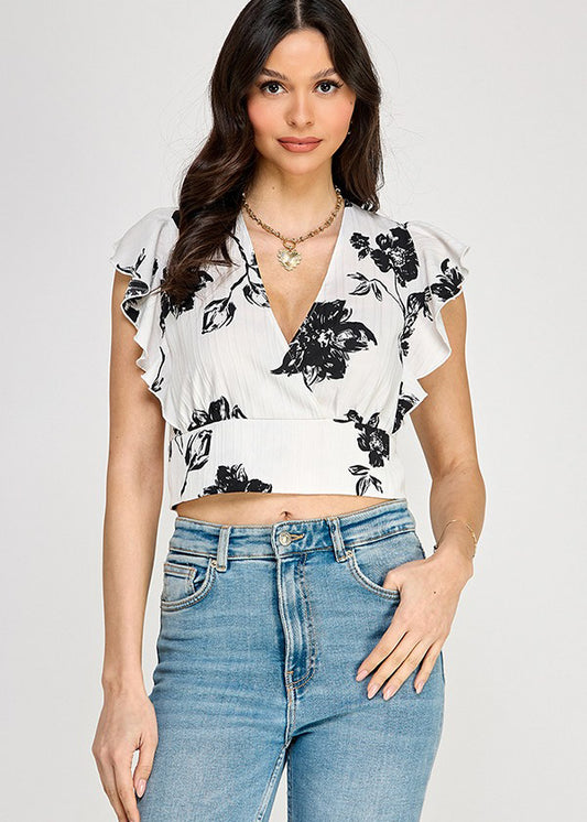 PRINTED RUFFLE SLV TOP W/ BUCKLED SIDE STRAP