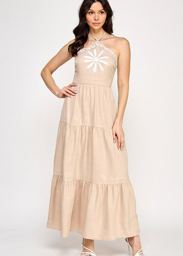 ONE SHOULDER EMBROIDERY MAXI SKIRT