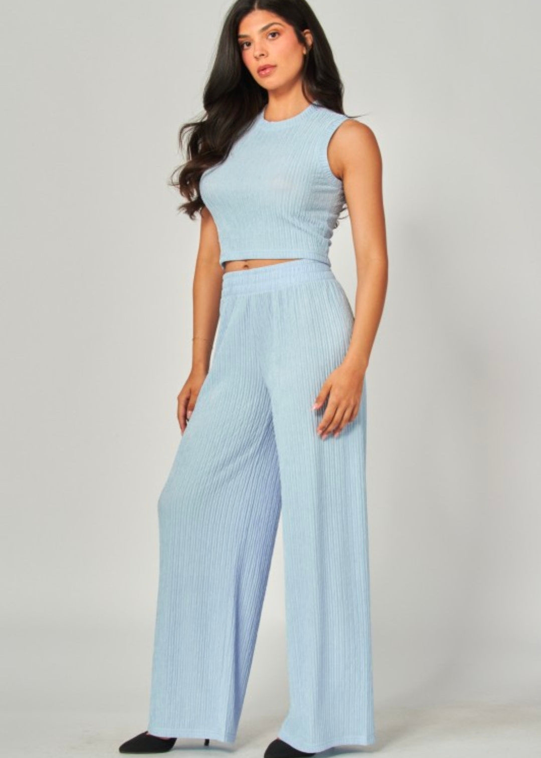 Color Cotton Sky |Elastic waistband pull on wide leg pants