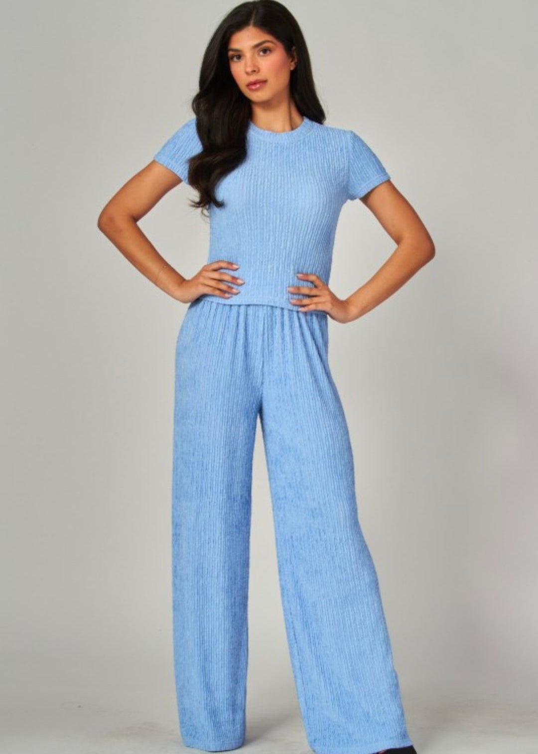 Color Bluebell | Crinkle Plisse Short Sleeve Loungewear Set