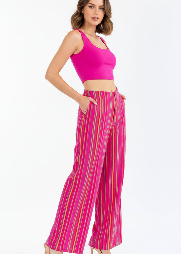 WOMEN'S BUTTON CLOSURE
FRONT POCKETS WIDE LEG
MULTI STRIPES PANTS