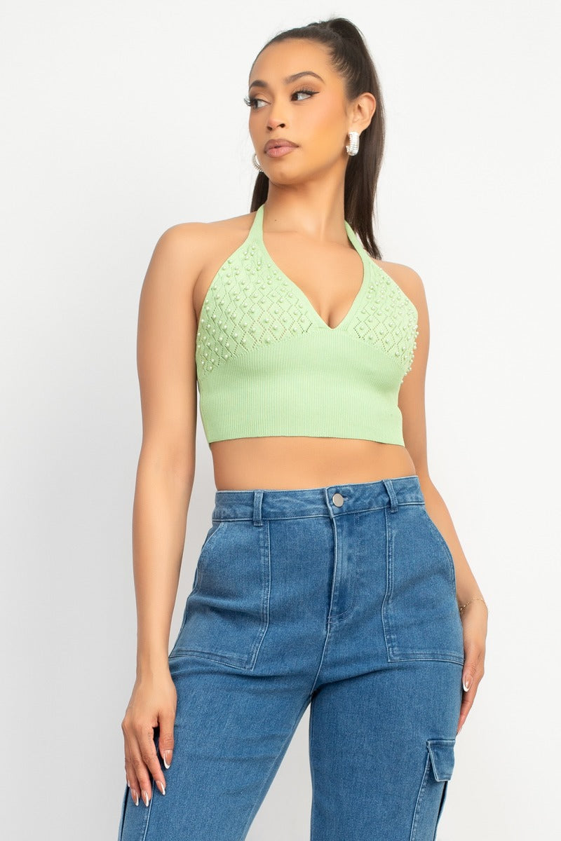 PEARL TRIM HALTER SWEATER