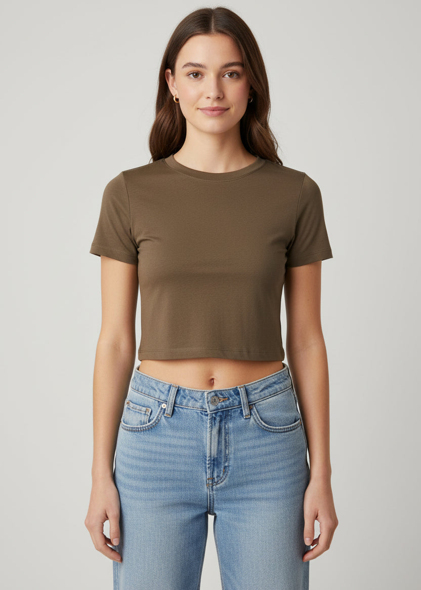 Crew-neck Crop Top | Ultra-stretch Seamless | Cocolate Powder