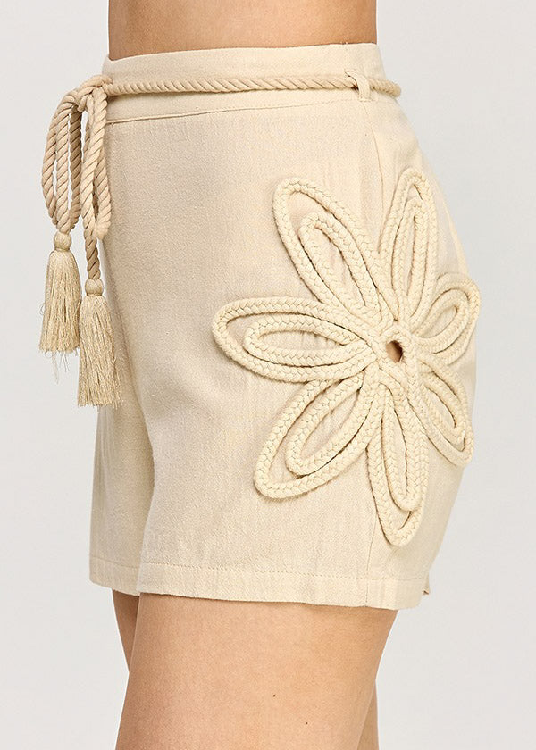 BELTED CUT OUT PATCHED SHORTS