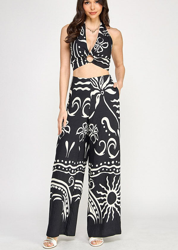 PRINTED HALTER TOP AND WIDE LEG PANTS SET
