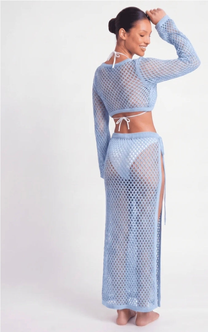 COLOR AZUL | WOMEN'S LONG SLEEVE TOP
& SELF TIE SKIRT CROCHET
COVER UP 2PC. SET