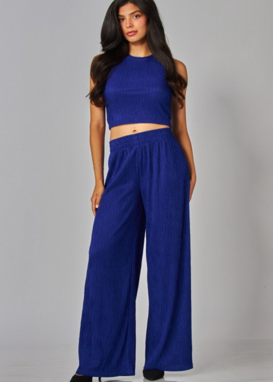 Elastic waistband pull on wide leg pants | Color Blue Tanzanite