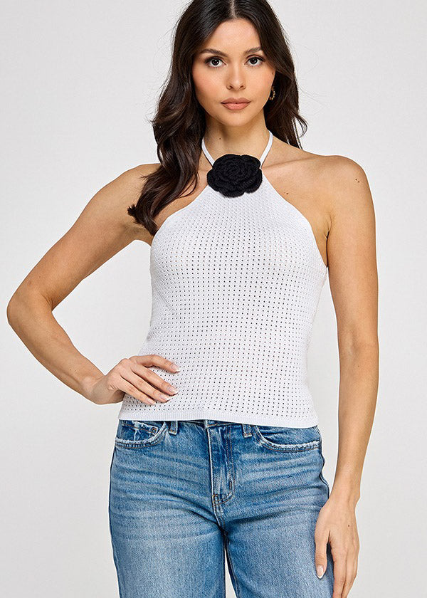FUAXCHET FLOWER HALTER SLEEVELESS SWEATER TOP