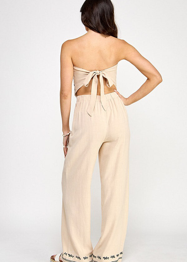 EMBROIDERY HANDKERCHIEF HEM TUBE TOP W/PANTS SET | CREMA