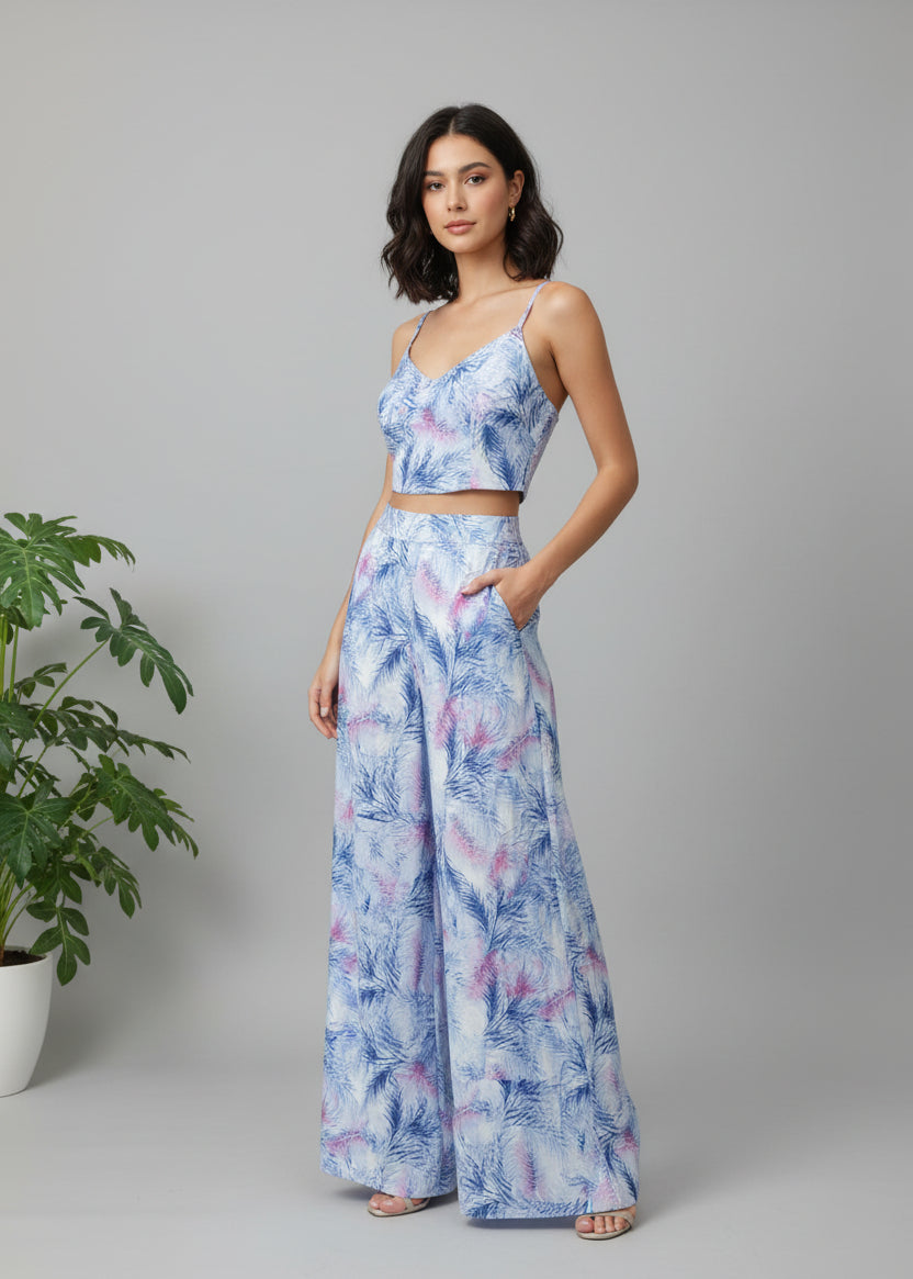COLOR AZÚL | Set de pantalon largo ancho con elástico en la cintura y blusa de manguitos