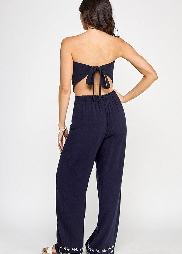 EMBROIDERY HANDKERCHIEF HEM TUBE TOP W/PANTS SET | BLUE