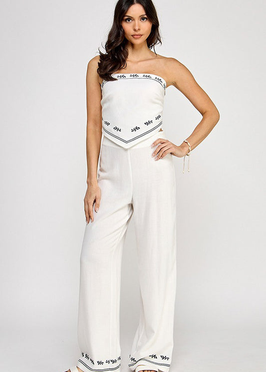 EMBROIDERY HANDKERCHIEF HEM TUBE TOP W/PANTS SET | WHITE