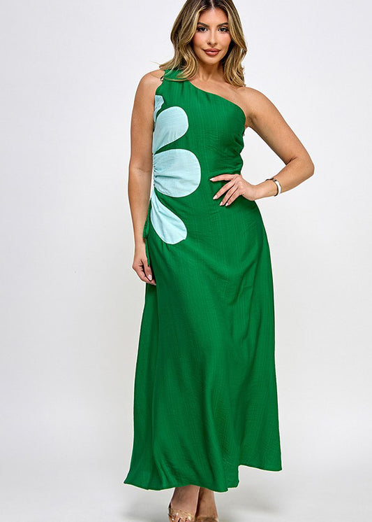 SIDE CUTOUT FLOWER DETAIL ONE SHOULDER DRESS