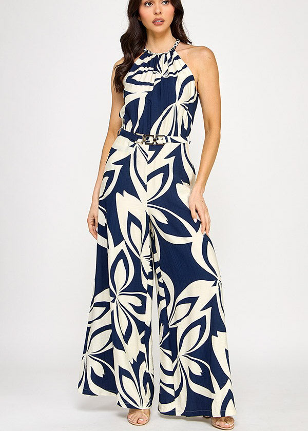 BRAID TRIM HALTER NECK BELTED JUMPSUIT | Navy