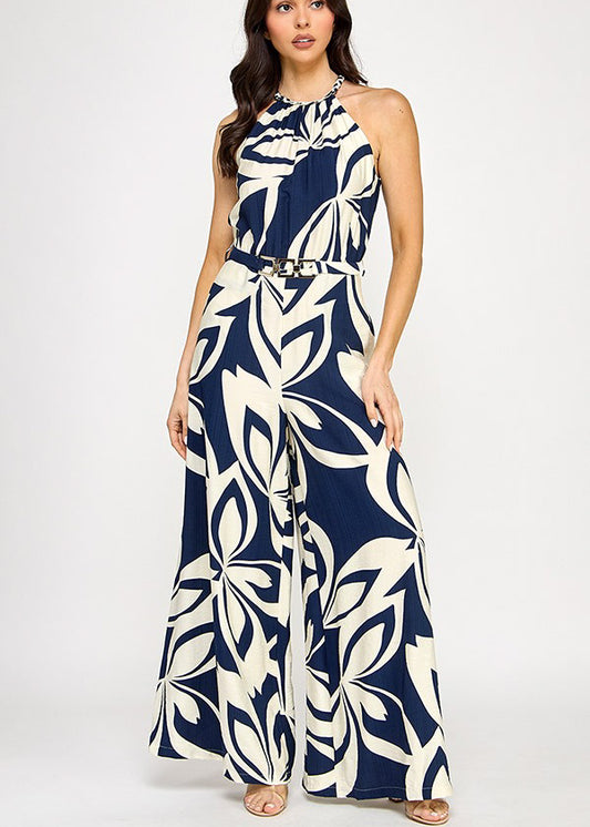BRAID TRIM HALTER NECK BELTED JUMPSUIT | Navy