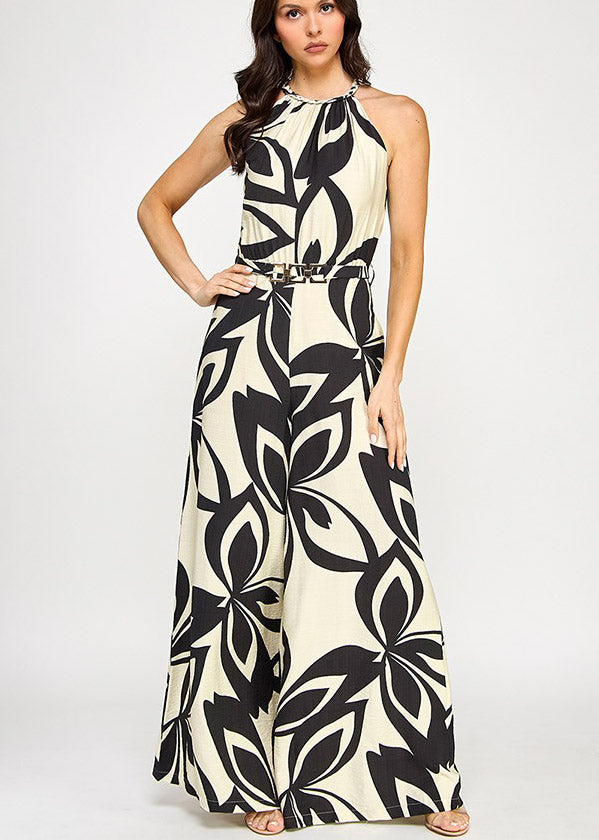 BRAID TRIM HALTER NECK BELTED JUMPSUIT | BLACK