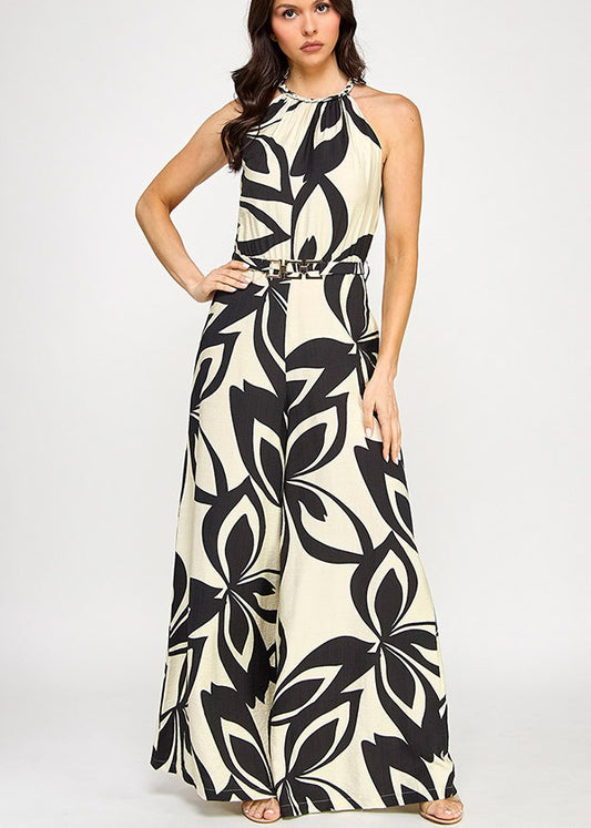BRAID TRIM HALTER NECK BELTED JUMPSUIT | BLACK