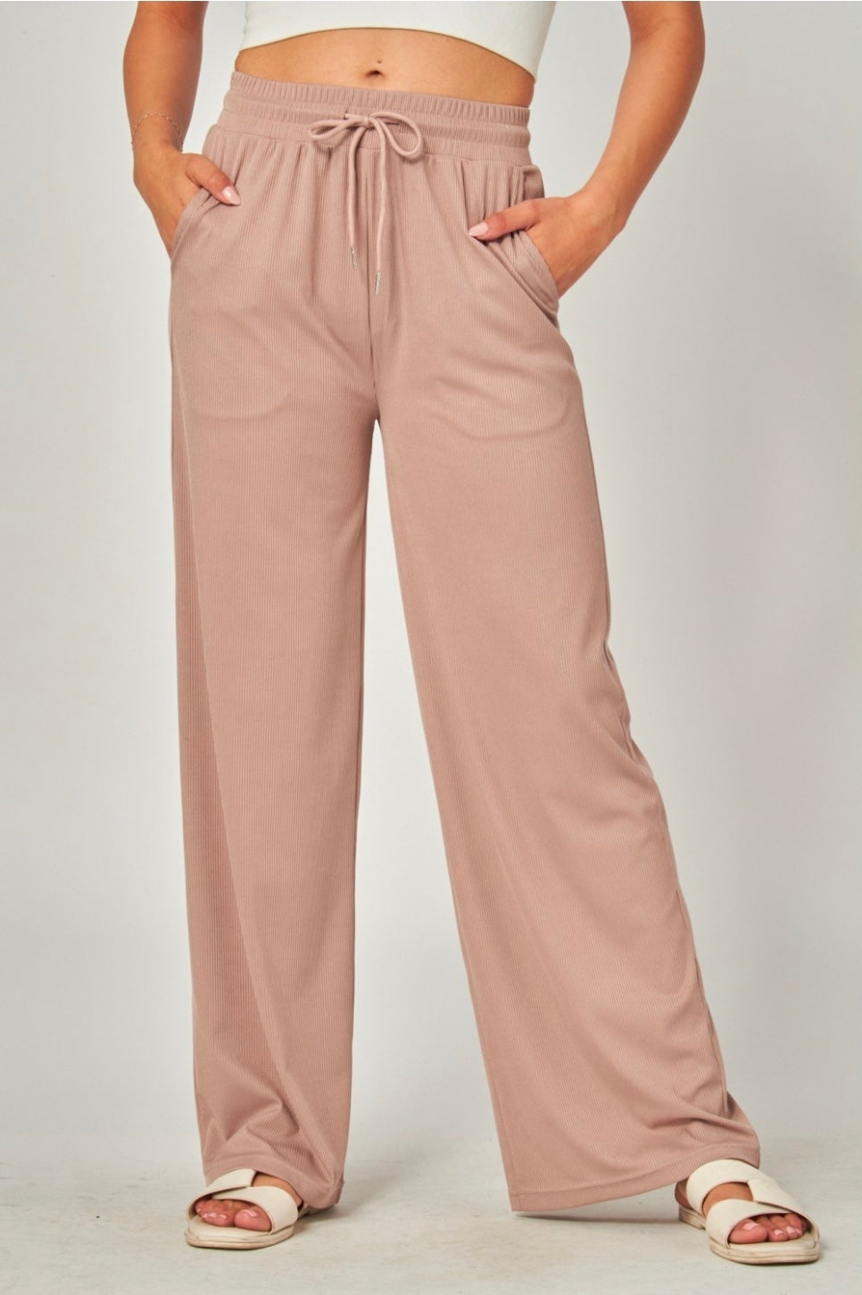 Color Mushroom | Stretchy Ribbed Drawstring Pocket Wide Leg Pants
