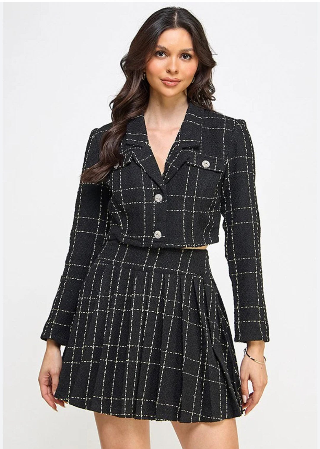 TWEED LSLV CROP BLAZER W/PLEATS SKIRT SET