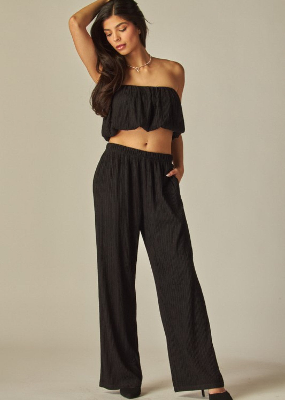 Crinkle Textured Bubble Tube Top 2pc Loungewear Set