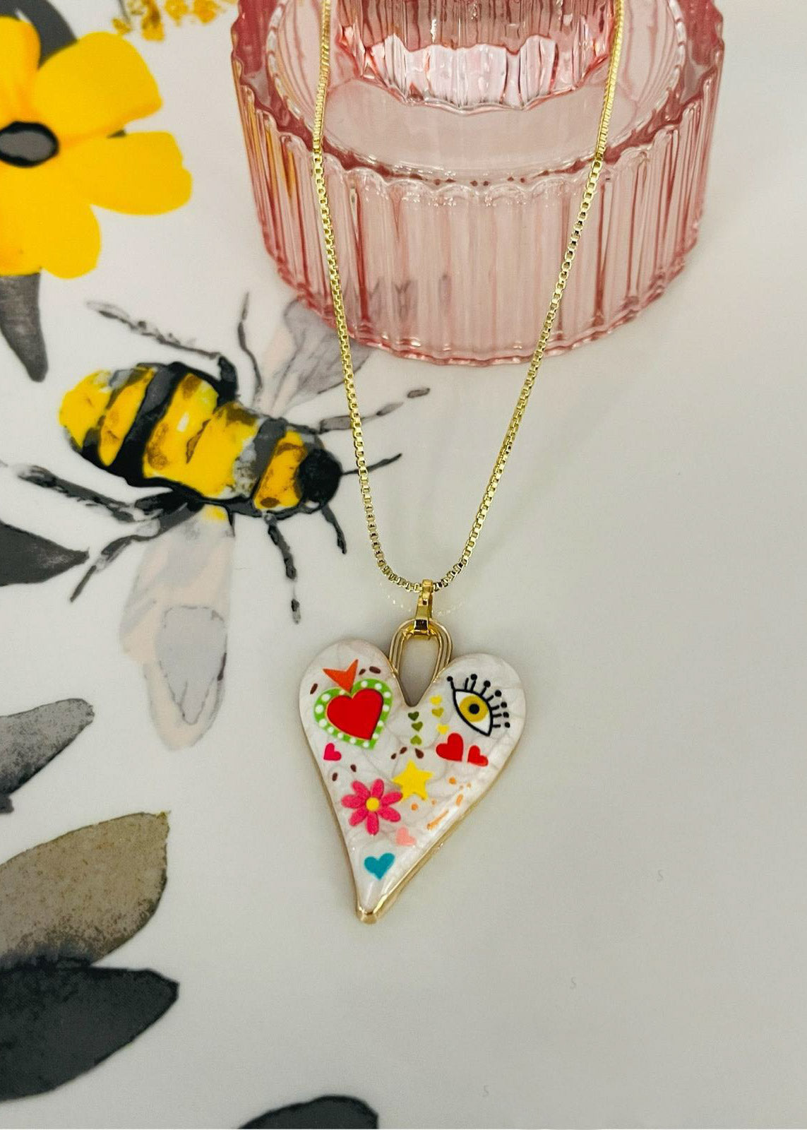 Collar Gold Plate con Cham de Corazón colorido
