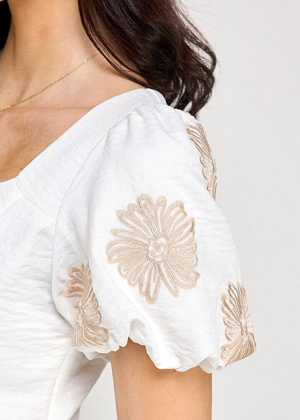 BUBBLE SLV EMBROIDERED DETAIL TOP