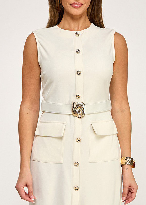 BUTTON DOWN BELT DETAIL POCKET MIDI DRESS