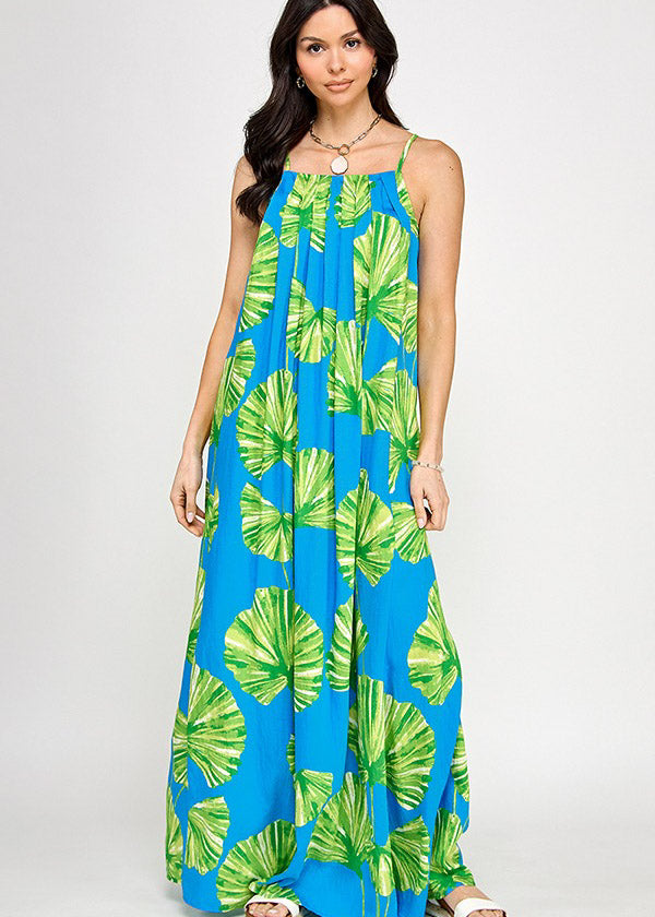 PRINTED HALTER NECK PLEATED NECK DETAIL MAXI DRESS