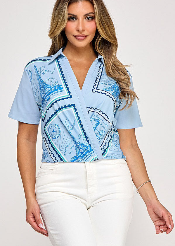 SSLV SURPLICE TOP W/ PIECE PRINT | BLUE