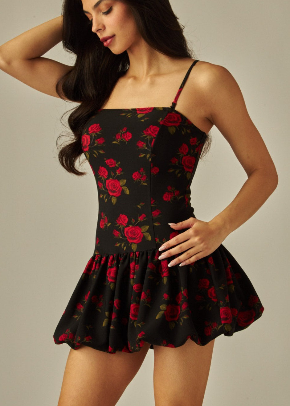 Printed Sleeveless Balloon Skirt Mini Dress w Thin Straps