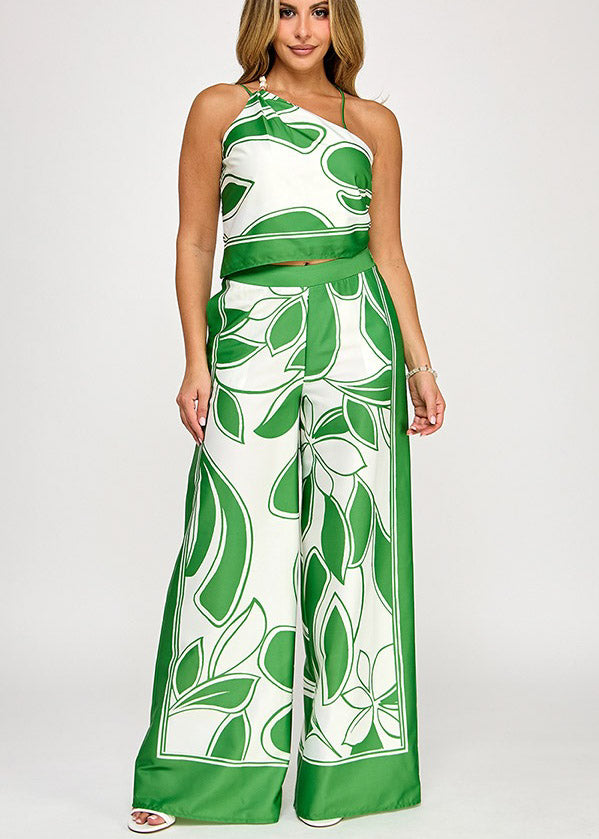 BORDER PRINTED ONE SHOULDER TOP AND PANTS SET