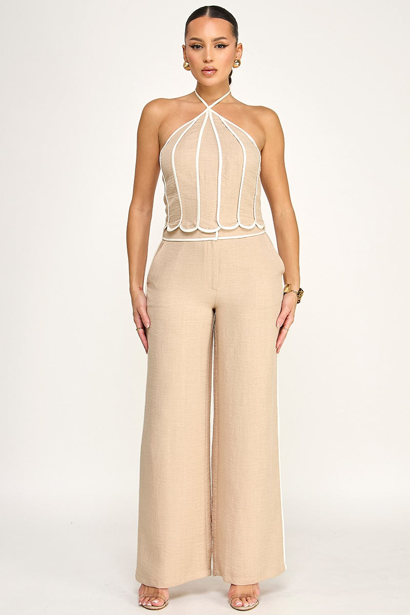 HALTER NECK SCALLOP EDGE TOP W/ PANTS SET