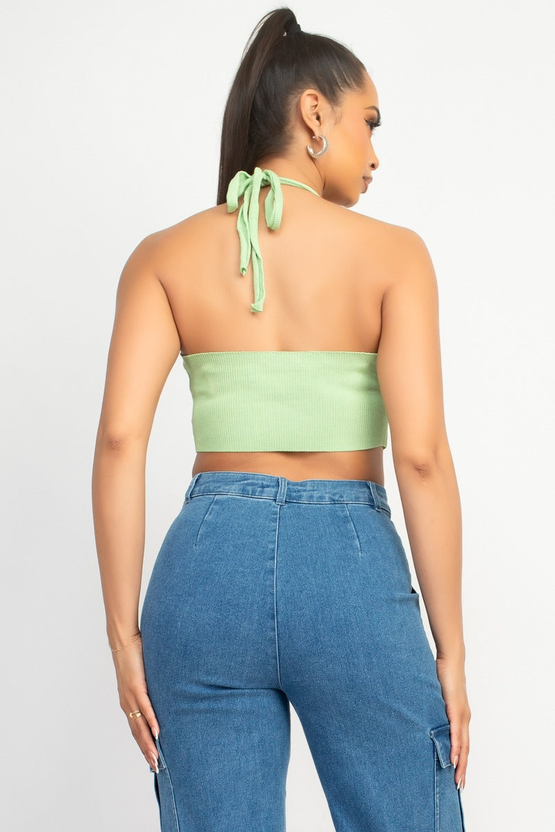 PEARL TRIM HALTER SWEATER