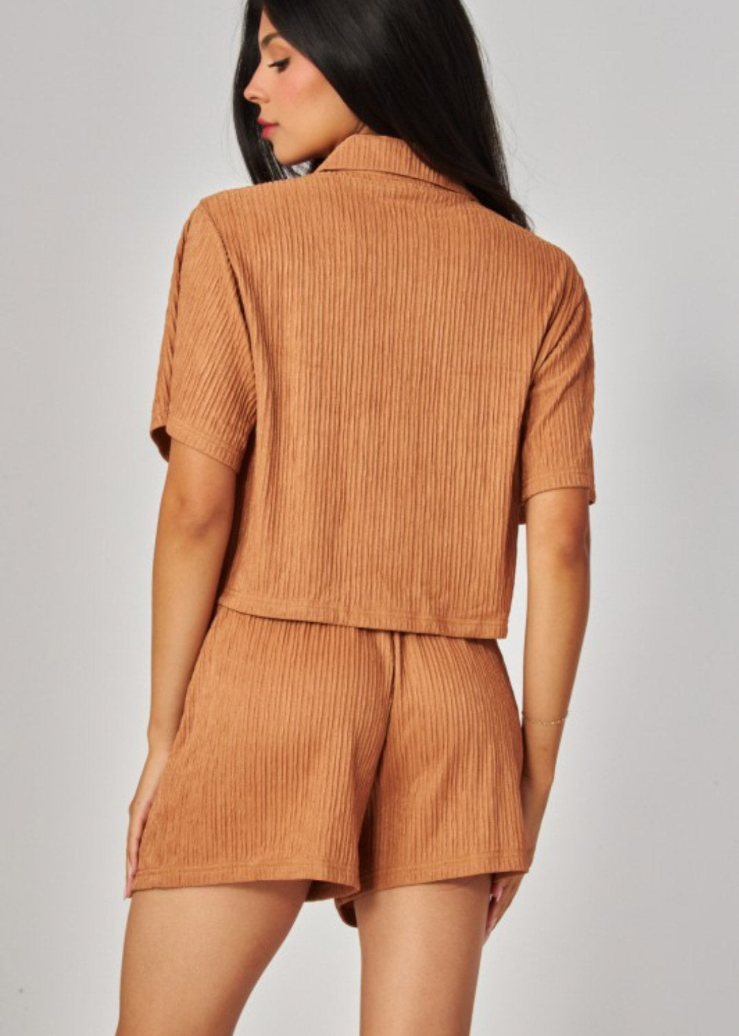 Crinkled Plisse Button Down Shirt Loungewear Shorts Set | Color Camel