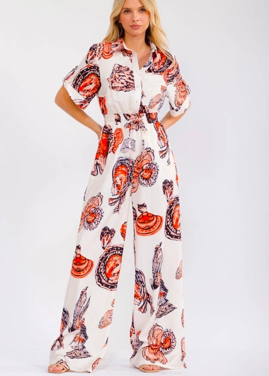 WOMEN'S SHORTSLEEVE BUTTON UP ELASTIC WAISTPOCKETS WIDE LEGMULTI PRINTJUMPSUIT
