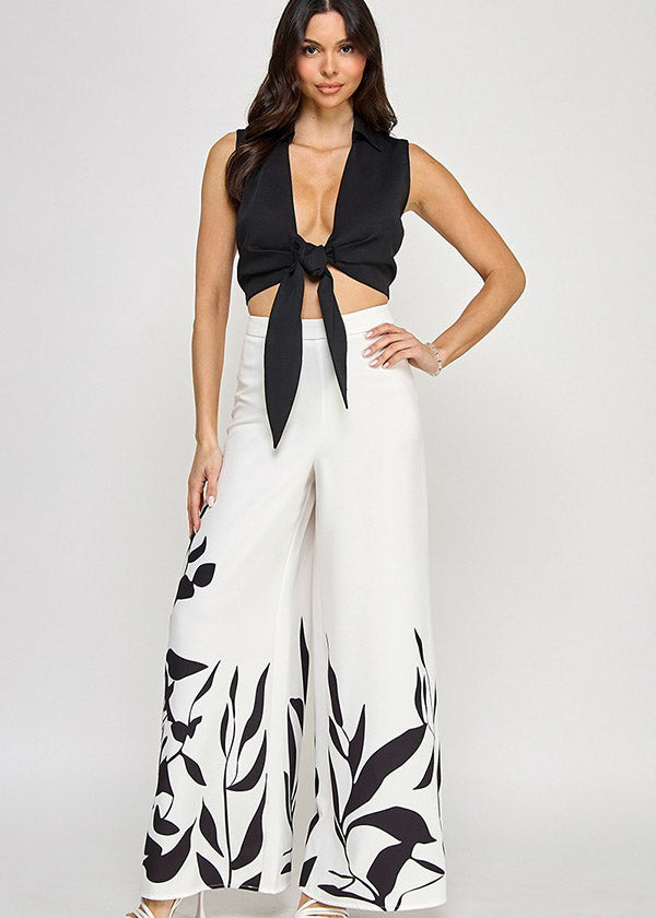 SLVLS TIE FRONT TOP W/PRINT WIDE LEG PANTS SET