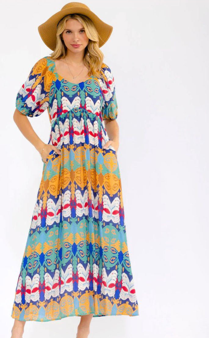 WOMEN'S SHORT SLEEVE V-
NECK FRONT POCKETS MULTI
PRINT MAXI DRESS