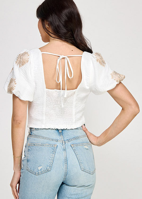BUBBLE SLV EMBROIDERED DETAIL TOP
