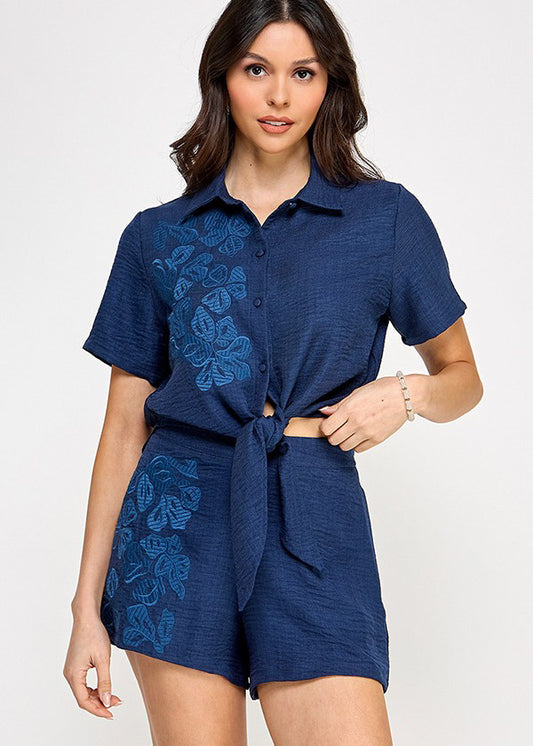 SSLV EMBROIDERY SHIRTS W/ SHORTS SET | Azul