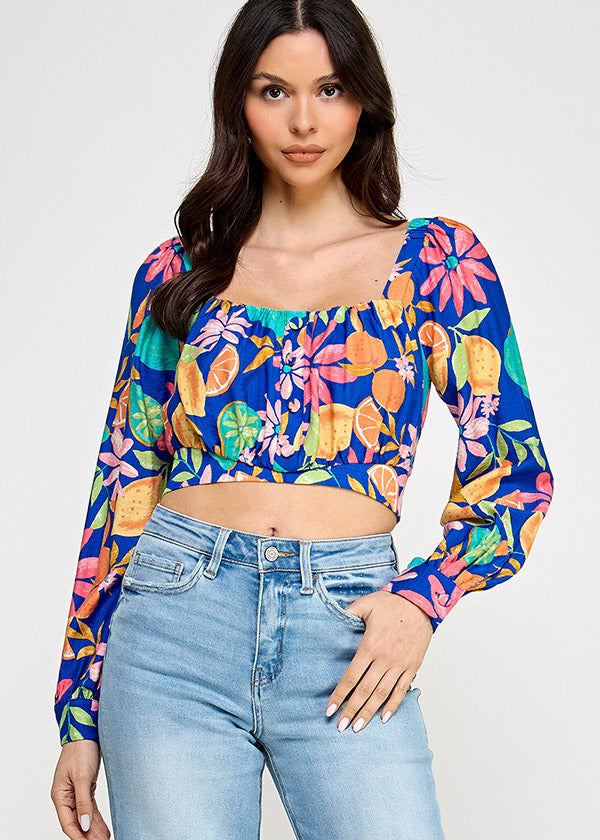 SQUARE NECK PRINTED LSLV TOP W/ TIE IN BACK