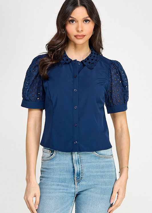 EYELET COLLAR & SLV FITTED SHIRT TOP