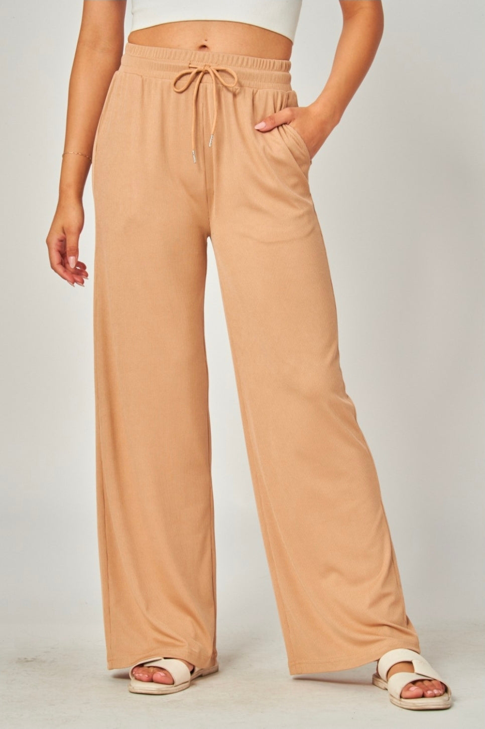 Color Tan | Stretchy Ribbed Drawstring Pocket Wide Leg Pants