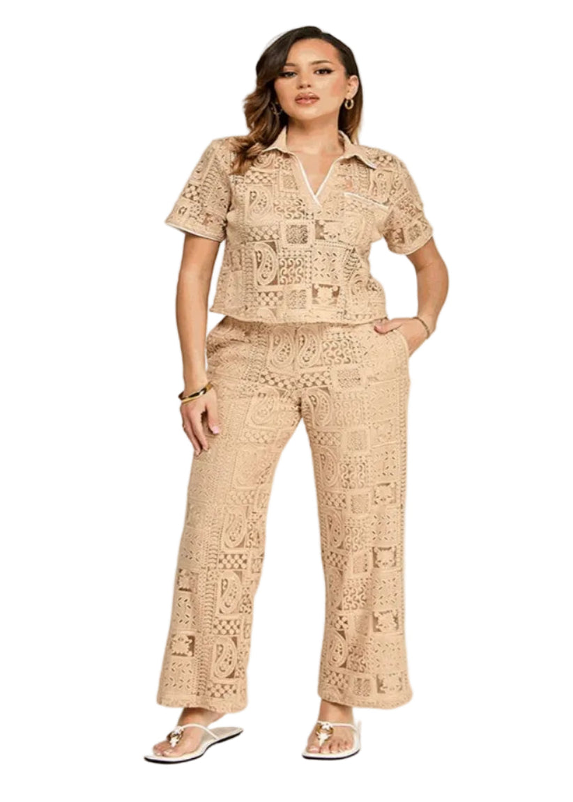 CROCHET W/ COLOR CONTRAST BINDING DETAIL SSLV TOP & PANTS SET